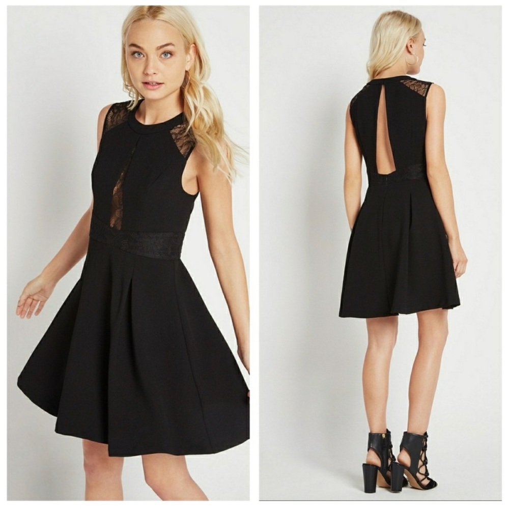 BCBG black lace fit and flare dress with cutouts